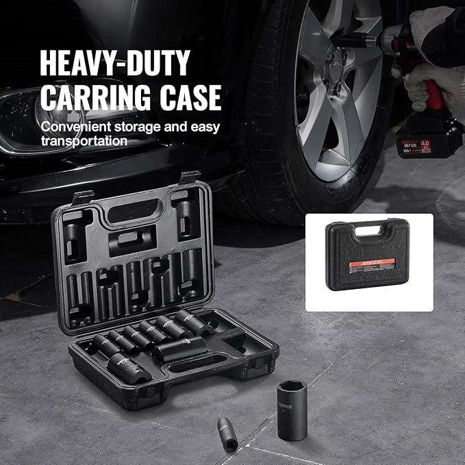 VEVOR 3/8" Drive Impact Socket Set, 11 Piece Deep Socket Set SAE 5/16"-1", 6 Point CR-V Alloy Steel for Auto Repair, Easy-to-Read Size Markings, Rugged Construction, Includes Storage Case