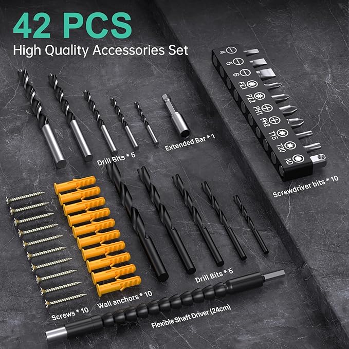 Cordless Drill Set,12V Power Drill Driver 3/8" Keyless Chuck with 42 Acessories, Built-in LED Light, 25+1 Position, Electric Drill for Home DIY Projects(Cyan)