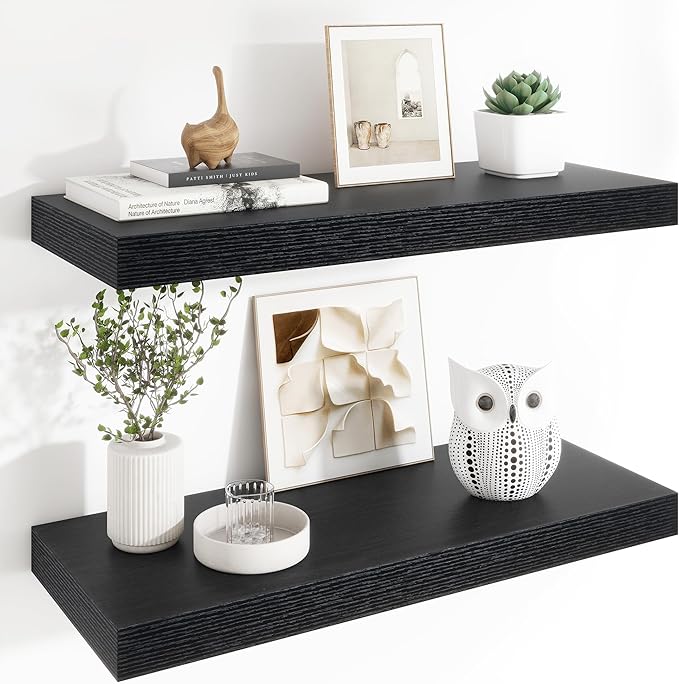 Heimlove 12" Deep Floating Shelves, 36 x 12 Inch Wall Mounted Long Floating Shelf with Invisible Brackets, for Home Decor, Bedroom, Kitchen, Living Room, Bathroom - 2 Pack, Black