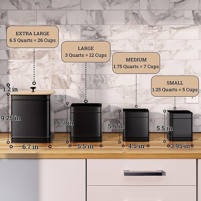 Kitchen Canisters for Countertop Set of 4 with Customizable Chalkboard Labels & Marker Pen - Big Iron Kitchen Canisters with Airtight Lids - Black Canister Set - Flour and Sugar Containers Farmhouse