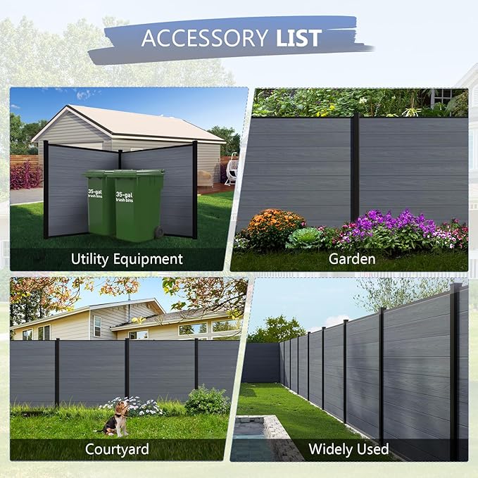6 Feet×6 Feet Privacy Fence, Outdoor Wood Plastic Composite Fence Panel, Waterproof Security Barriers Fencing (Gray with Two 7.6FT Posts)