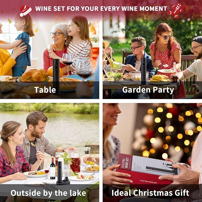 Electric Wine Opener Set with Battery Operated Corkscrew,Vacuum Stopper, Wine Pourer, Foil Cutter, Storage Base. Gift for Wine Lovers and Friends, Small, Black