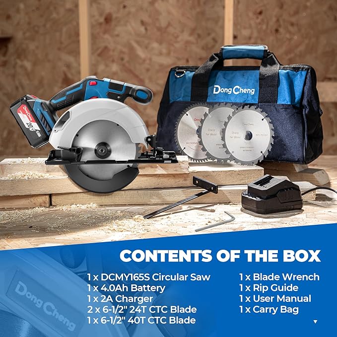 Dong Cheng Cordless Circular Saw 6-1/2-Inch 840W, Cutting Depth 59mm, 0-50° Adjustable with Dust Collection Adaptor, 24T & 40T TCT Blade Included, Battery and Charger Kit (4.0Ah)