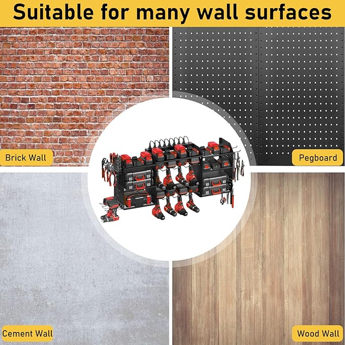 Power Tool Organizer Wall Mount with Charging Station, 10 Drill Holder Wall Mount, 3-Tier Adjustable Cordless Tool Organizer with 8 Hooks, screwdriver holder, Drill Bit Rack, Top Husband Gifts