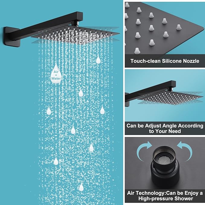Matte Black Shower Head and Handle Set 10 Inch, Rain Shower Head with 2 Hooks, Luxury Rain Shower Set Square Wall Mount for Bathroom with Rain Shower and Handheld Shower System