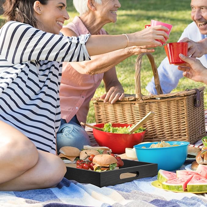 Wood Serving Tray with Handles, Home Decorative Wooden Rectangle Ottoman Decor Platter Vanity Tray for Breakfast Dinner Drinks Kitchen Dining Living Bathroom Restaurants Black Wooden