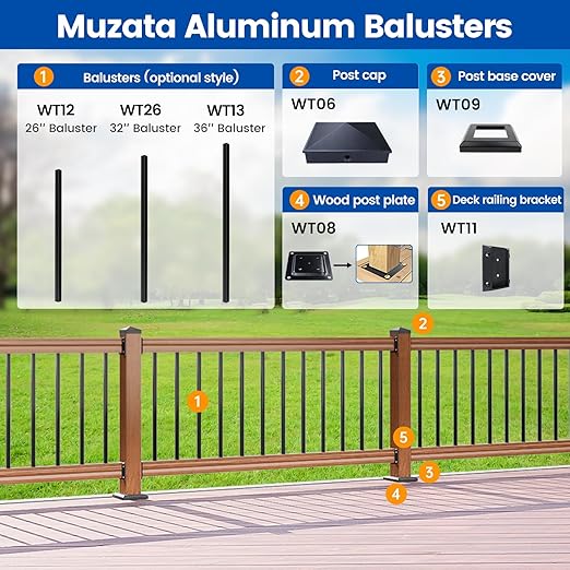 Muzata 25Pack 32" x3/4" Aluminum Deck Balusters Square Baluster Deck Railing Black Hollow Spindles with Screws for Railing Fencing Porch WT26