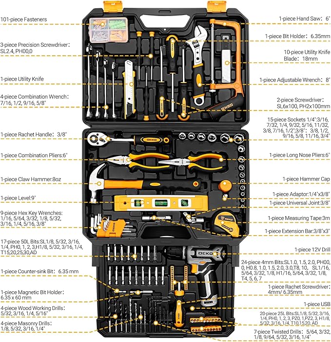 Tool Kit Box Drill Set:DEKOPRO Home Mechanic Toolbox with 12V Power Cordless Drill Hand Repair Tools Sets Combo Kits Storage Organizer Drawer Case for Men
