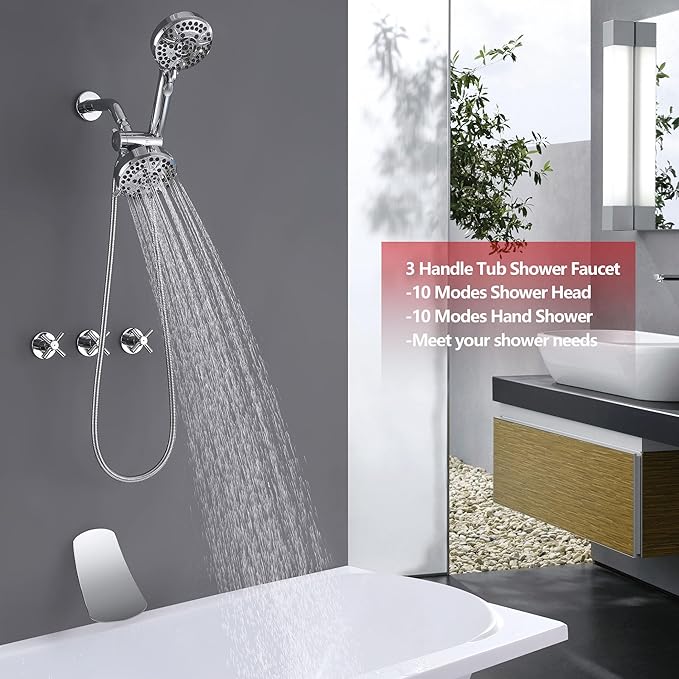 3 Handle Tub Shower Faucet Bathtub Faucet Set with Waterfall Tub Spout, Rough-in Valve Included Chrome