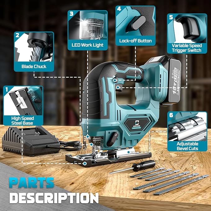 Jigsaw Compatible With Makita 18V Battery, Cordless jig saw tool, 0°- 45° Bevel Cuts, LED Light with 3 Position Orbital Setting for Cutting (With 5Ah Battery & Charger Station Kit)