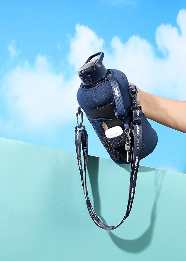 H2O Capsule 2.2L Half Gallon Water Bottle with Storage Sleeve and Removable Straw – BPA Free Large Reusable Drink Container with Handle - Big Sports Jug, 2.2 Liter (74 Ounce), Navy Blue