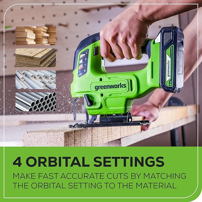 Greenworks 24V Brushless Cordless 1" Jig Saw (3,000 SPM / 4 Settings/Bevel 0°-45°/ LED Light), 1.5Ah Battery and Fast Charger Included