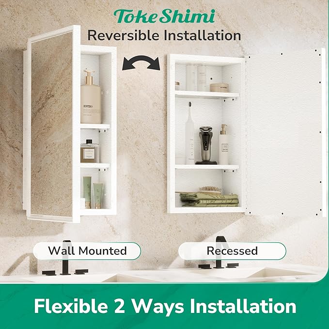 TokeShimi 17 x 25 Recessed Medicine Cabinet with Mirror Surface Mounted, Aluminum White Medicine Cabinet with Mirror, Metal Beveled Bathroom Mirror with Storage