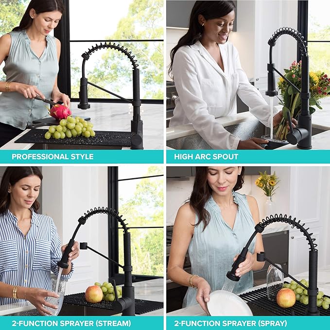 KRAUS Bolden 18-Inch Single Handle Spot Free Stainless Steel/Matte Black Commercial Style Pull-Down Kitchen Faucet with Dual Function Sprayer, KPF-1610SFSMB (Pack of 1)