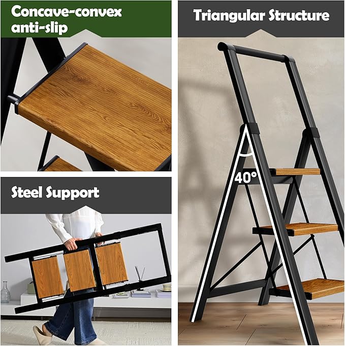 Taranta 3 Step Ladder, Portable Folding Ladder with Wide Pedal, Lightweight Aluminum Step Stool with Convenient Handgrip, 330 lbs Capacity Stepladder for Home, Office - BlackWoodgrain
