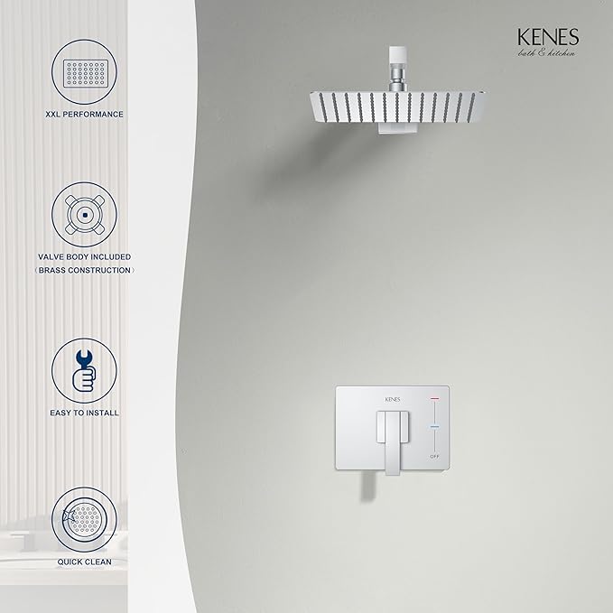 KENES Modern Polished Chrome Shower Faucet Set, Square Shower Trim Kit with Single-Spray Shower Head, Shower Trim Systems Wall Mount, KE-6024B-5 (Shower Valve Included)