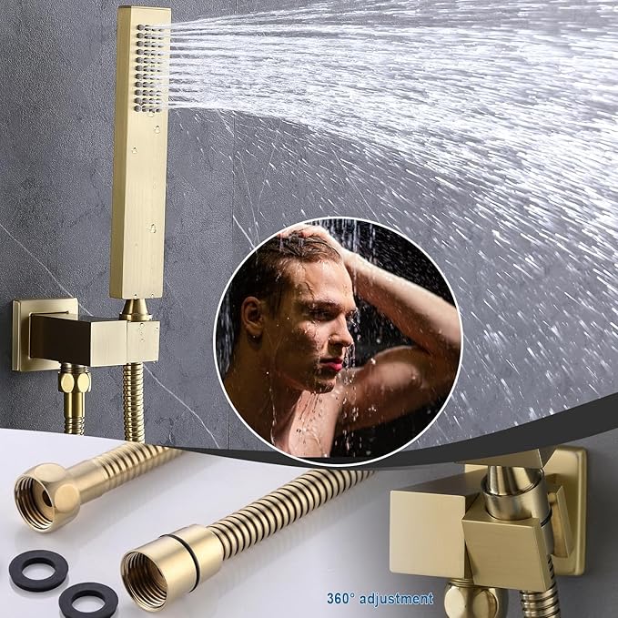 Enga Thermostatic Dual Shower System, 12"+6" Wall Mount Dual Rain Shower Faucet, All Functions Use Together & Volume Adjustable, Brushed Gold