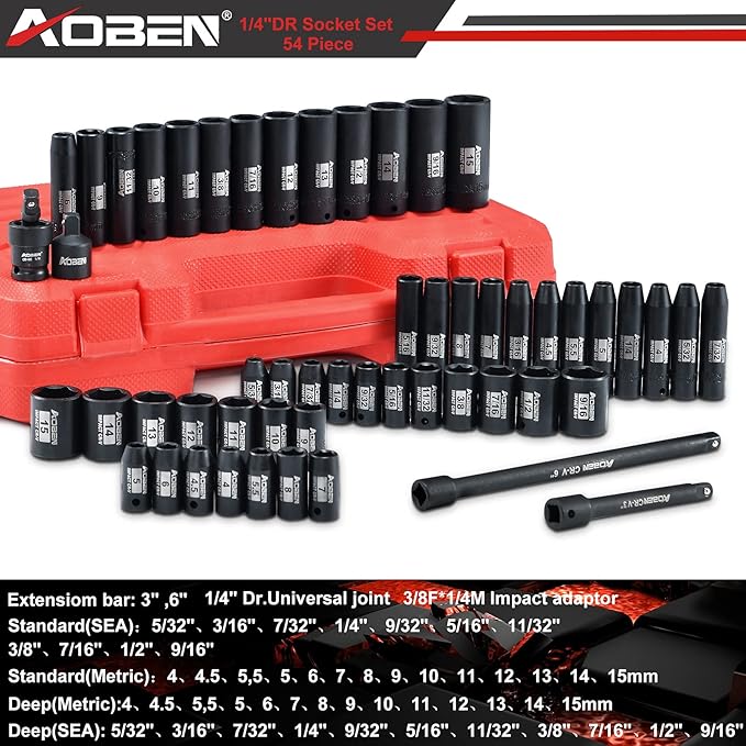 AOBEN 1/4-Inch Drive Impact Socket Set, 54 Pieces, 6 Point, SAE/Metric, (5/32" - 9/16" ,4mm -15mm),Deep/Shallow, Cr-V Steel, Includes Extension bars and Socket Adapter