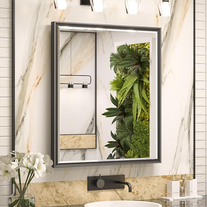 Keonjinn 24” x 30” Black Bathroom Medicine Cabinets with Mirror Recessed or Surface Wall-Mounted Aluminum Alloy Metal Framed Beveled Bathroom Mirror, Large Single Door Farmhouse Storage Cabinet Mirror