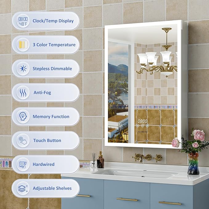 Medicine Cabinet With Lights, 2030 Inch Surface or Recessed Bathroom Mirror, Clock & Room Temp Display, Defogger, LED Dimmable 3 Color Lights, Left Hinge