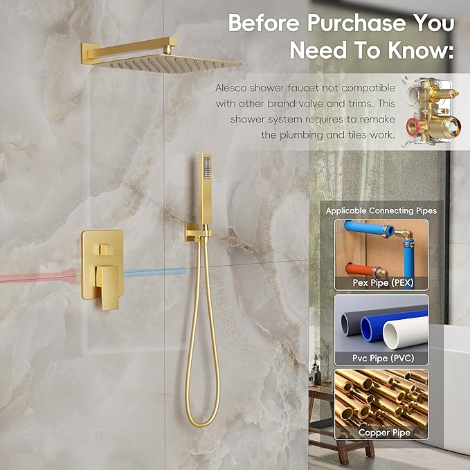 Alesco Shower Faucet Set, Gold Shower System with 12-Inch High-Pressure Rainfall Showerheads and Handheld Spray combo, Showerfixture Include Valve and Trim Kit, Brushed Gold