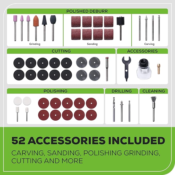 Greenworks 24V Cordless Rotary Tool Kit, Brushless motor, 5-Speed, 35,000 RPM, 52 Accessories for Cutting, Sanding, Engraving, Carving, Drilling and Polishing