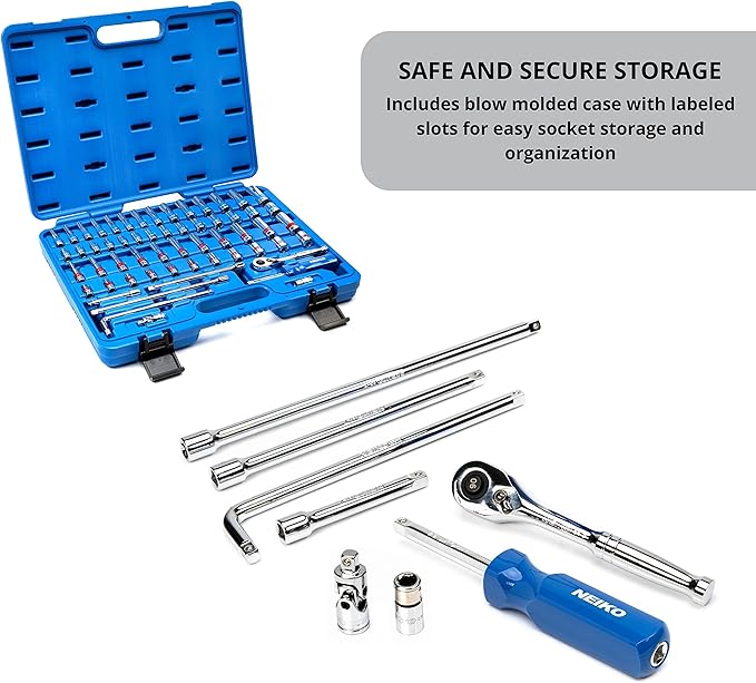 Neiko 02514A 1/4 Inch-Drive Ratchet and Small Socket Set, 58-Piece, Chrome Vanadium Steel, Multi-color
