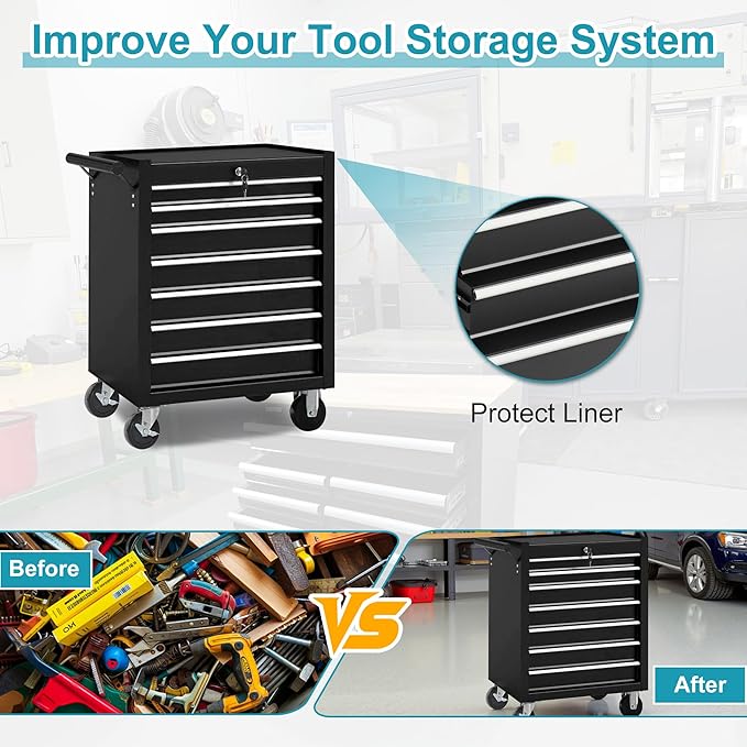 Tool Chest 7 Drawers Garage Storage Cabinet Steel Frame Tool Chest with Wheels, Top Storage Rack, Rubber Mat, Side Handle for Garage Workshop, Black