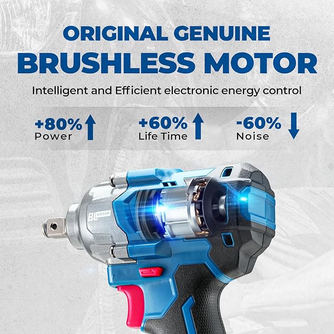 Dong Cheng 20V Brushless Impact Wrench, Max Torque 360 ft-lbs (488N.m), 1/2" with 3 Mode Speed, 2400 RPM Cordless Impact Gun, Includes 2 * 4.0Ah Battery and Charger, 4 Impact Sockets and Kit Bag