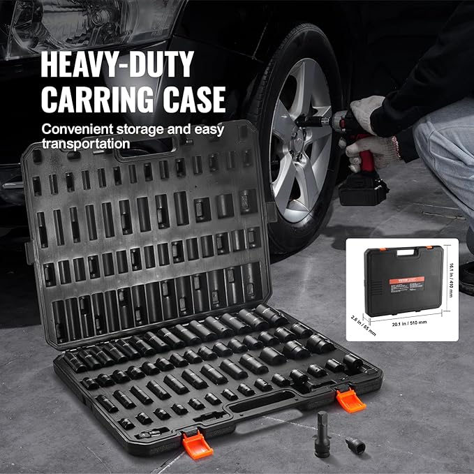 VEVOR Impact Socket Set 3/8" & 1/2" Socket Set 59PCS SAE 5/16" to 1-1/4" and Metric 6-32mm, 6 Point Cr-Mo Alloy Steel for Auto Repair, Easy-to-Read Markings, Rugged Construction, Storage Case