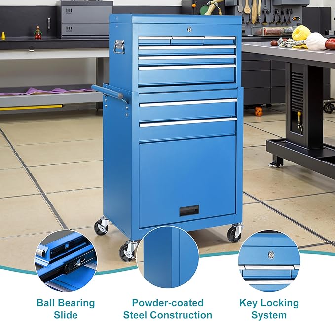 Tool Chest 8 Drawers Garage Storage Cabinet 2 in 1 Steel Frame Tool Chest with Wheels, Liner, Detachable Top, Lockable Wheels and Side Hooks for Garage, Blue
