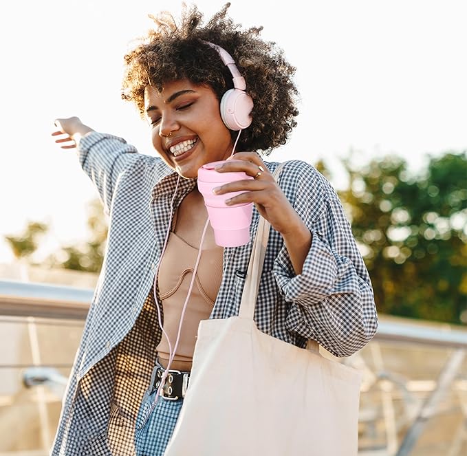 HYDRATE Collapsible Cups for Traveling - 400ml Reusable Cup with Lid for Camping, and On-the-Go Adventures - Foldable Cup - Portable Silicone Coffee Mug for Hot Drinks, Tea - Easy to Clean - Pink