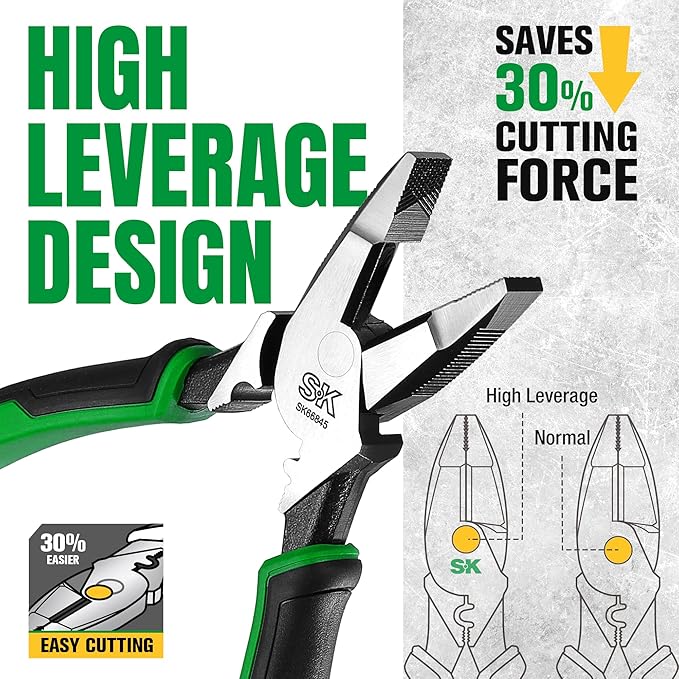 SK 9.5-Inch Linesman Pliers, Premium CR-V Steel Construction, Ergonomic Anti-slip Handle for Comfortable Grip
