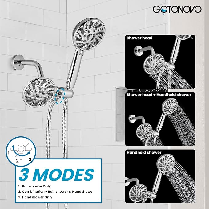 gotonovo 3 Handle Tub Shower Faucet Set, Dual Shower Head and Handle Set, Bathtub and Shower Faucet Combo,Shower System with Tub Spout,Wall Mount Tub Shower Trim Kit Polished Chrome