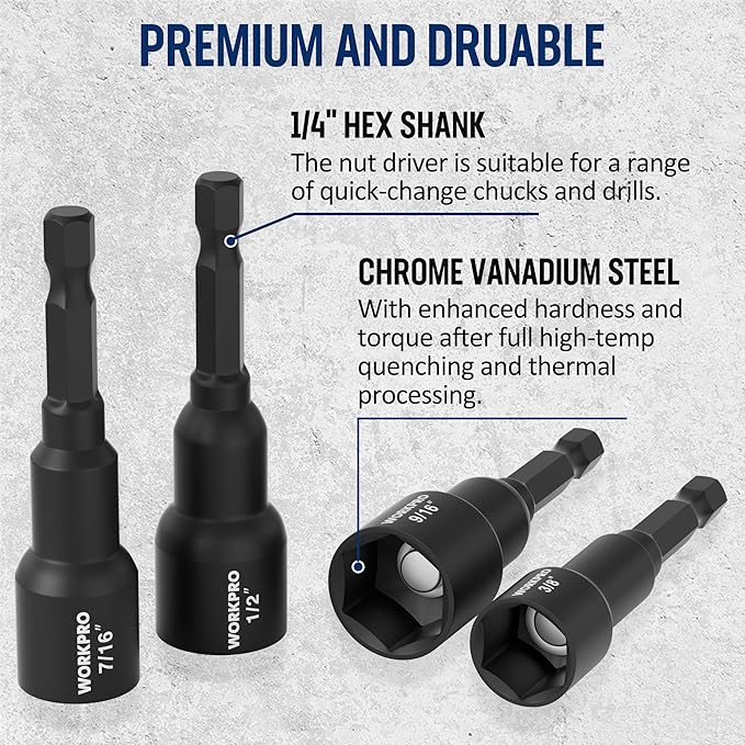 WORKPRO 6 PCS Magnetic Nut Driver Set, Metric & SAE, 1/4" Hex Shank, Drill Socket Set, Impact Driver Bit Set, 1/4” to 9/16”, Chrome Vanadium Steel