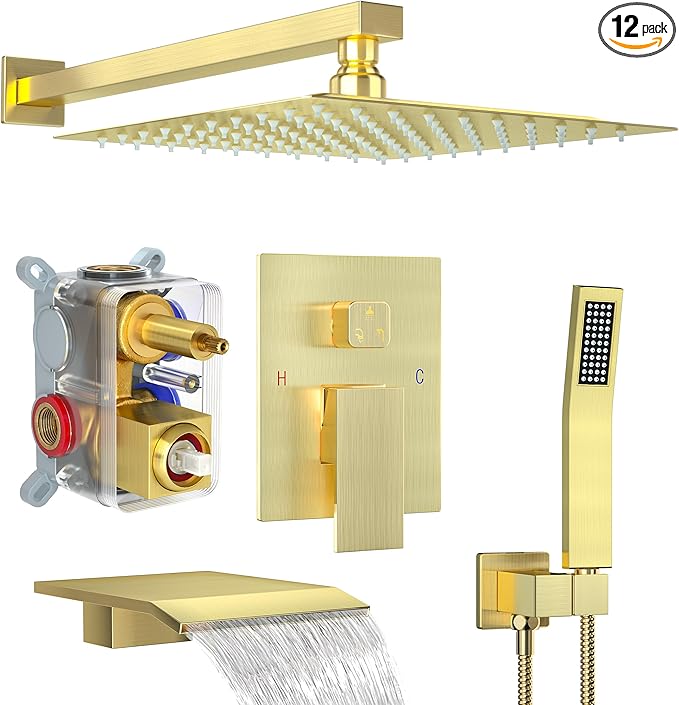 Shower System with Tub Spout, Shower Faucet Set with 12 Inch Rain Showerhead Handheld Shower Tub Spout, Wall Mounted High-Pressure Showerhead Combo Set Included Valve and Trim, Brushed Gold