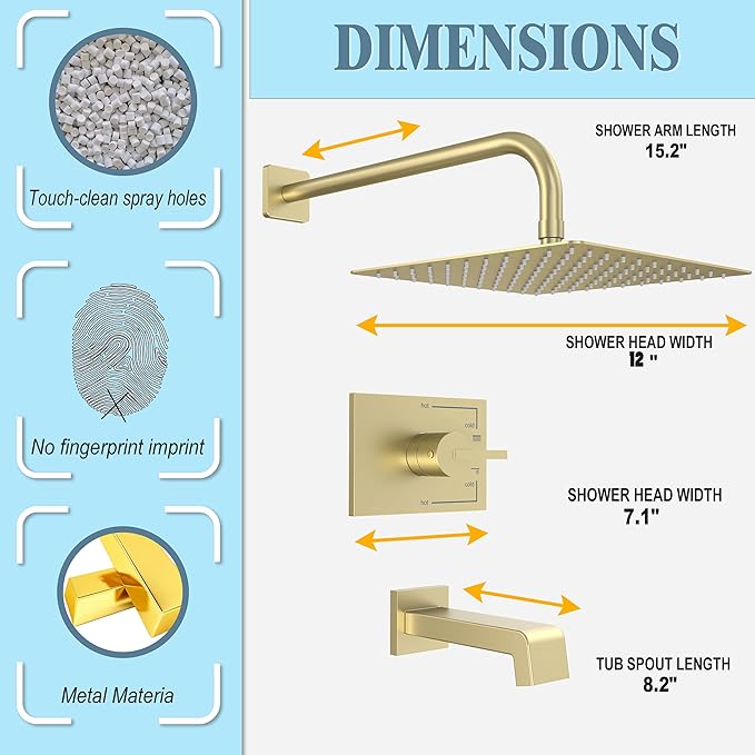 Brushed Gold Shower Fixtues, Tub and Shower Faucet Set Combo with 12 Inch Gold Shower Head and Tub Spout, Gold Shower Head and Handle Set (Valve Included)