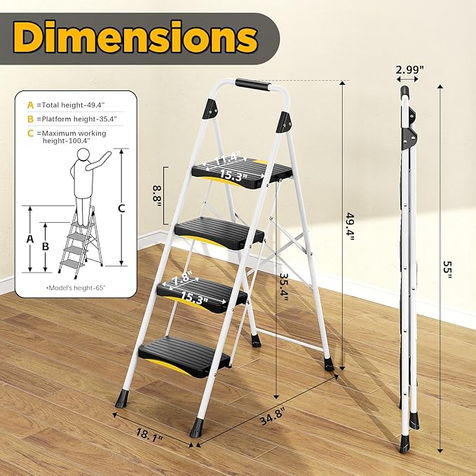 4 Step Ladder, Folding Steel Step Stool with Safety Lock, Anti-Slip Wide Pedals, Pass 800lbs Load Testing, Handrail, Heavy Duty Portable Ladder for Multi-Purpose, Indoor, Office, Kitchen