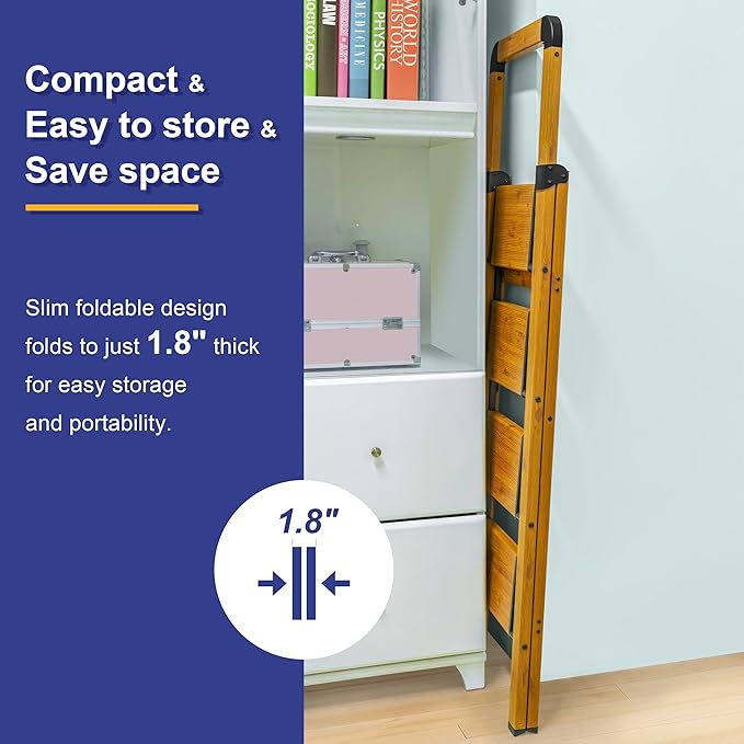 Step Ladder Folding 3-Step Ladders Aluminum Woodgrain Finish Step Stool Anti-Slip Portable Sturdy for Home & Kitchen Office 330 lbs