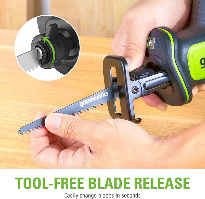 Greenworks 24V Brushless 1" Compact One-Handed Reciprocating Saw (3,000 SPM), Cordless Powered Variable Speed Recip Saw, 2.0Ah Battery and Compact Charger Included, RSG404