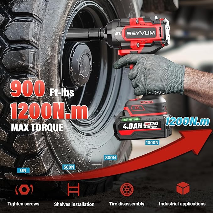 SEYVUM Cordless Impact Wrench, 1/2” Max Torque 900 Ft-lbs / 1200 N.m Powerful Impact Gun, 20V 3500RPM Electric Impact Driver, 2 x 4.0Ah Battery & Fast Charger, 6 Impact Sockets, Carrying Case Included