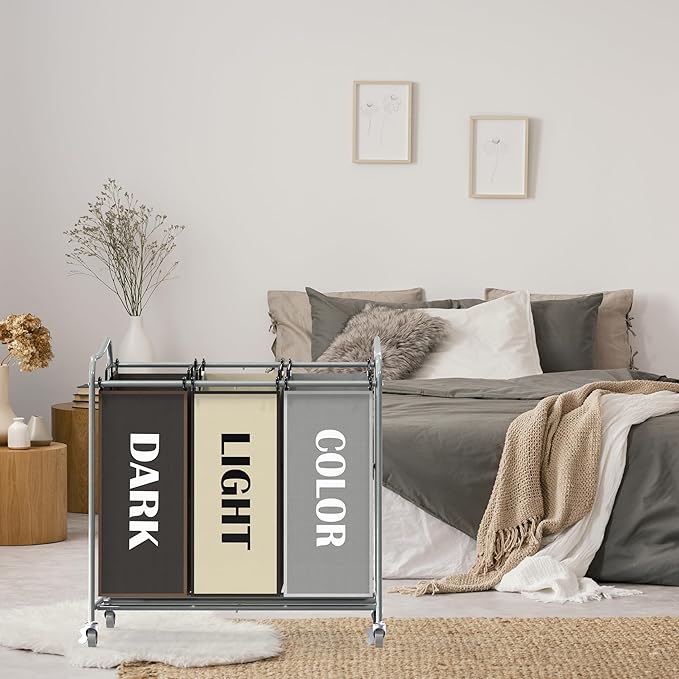 Simple Houseware Heavy Duty 3-Bag Laundry Sorter Rolling Cart, Silver/Assorted – Durable Triple Laundry Hamper with Removable Bags and Lockable Wheels for Laundry Room Organization