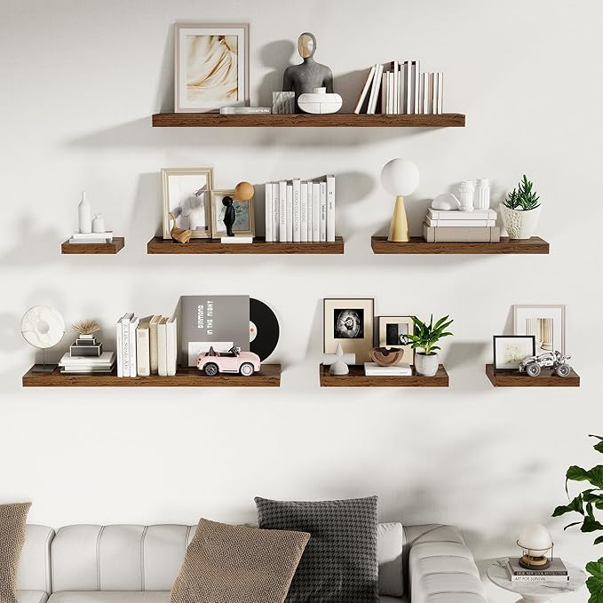 Fun Memories Floating Shelves for Wall - 10" x 10" Wood Shelf with Invisible Bracket - Deep Floating Shelves - 10 Inch Shelf Wall-Mounted for Living Room & Bathroom - Rustic Brown - Set of 2