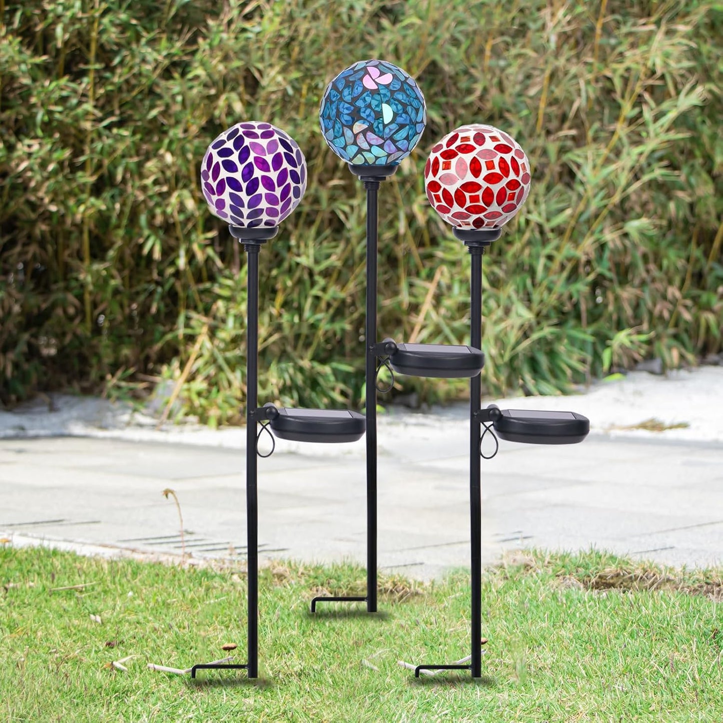VCUTEKA Solar Garden Decorative Lights Outdoor, Mosaic Solar Light Waterproof LED Pathway Stake Light for Landscape Patio Yard Deck Walkway Decoration, 3 Pack (Blue&Purple&Red)