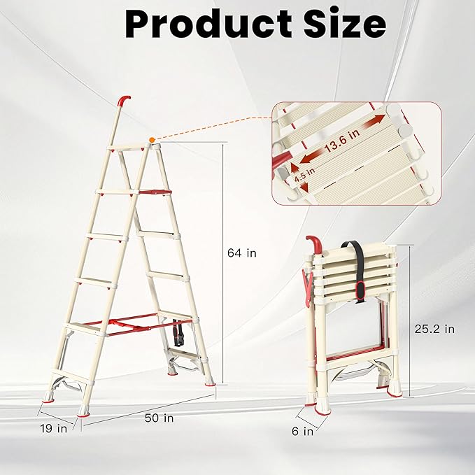 Telescoping 6-Step Ladder, 5.3FT Folding Step Stool with Safety Lock, Wide Non-Slip Pedals & Retractable Handgrip, Heavy Duty 380 lbs for Home & Outdoor