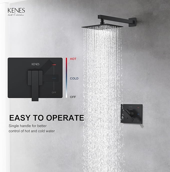 KENES Matte Black Shower Faucet with Square Shower Trim Kit & Single-Spray Head, Wall Mount, KE-6024B-2 (Includes Shower Valve)