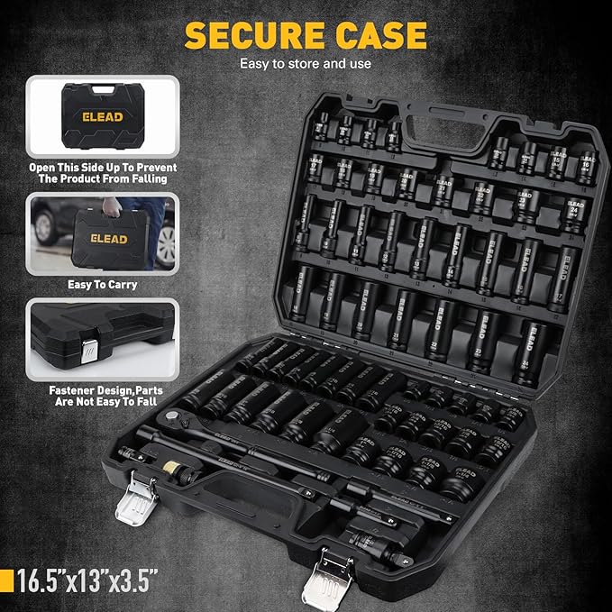 ELEAD 67 Piece 1/2" Drive Deep Impact Socket Set: Standard SAE (3/8"-1-1/4") & Metric (8-24 mm), Including 3 ", 5", 10" Extension Bar, Universal Joint, Ratchet Handle and Adapter