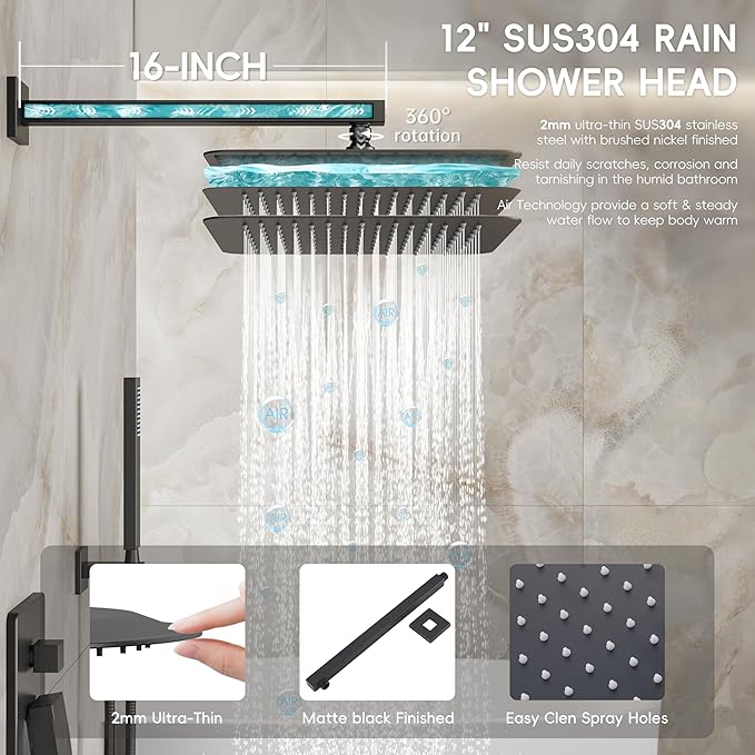 Alesco Shower Faucet Set, Black Shower System with 12-Inch High-Pressure Rainfall Showerheads and Handheld Spray combo, Showerfixture Include Valve and Trim Kit, Matte Black