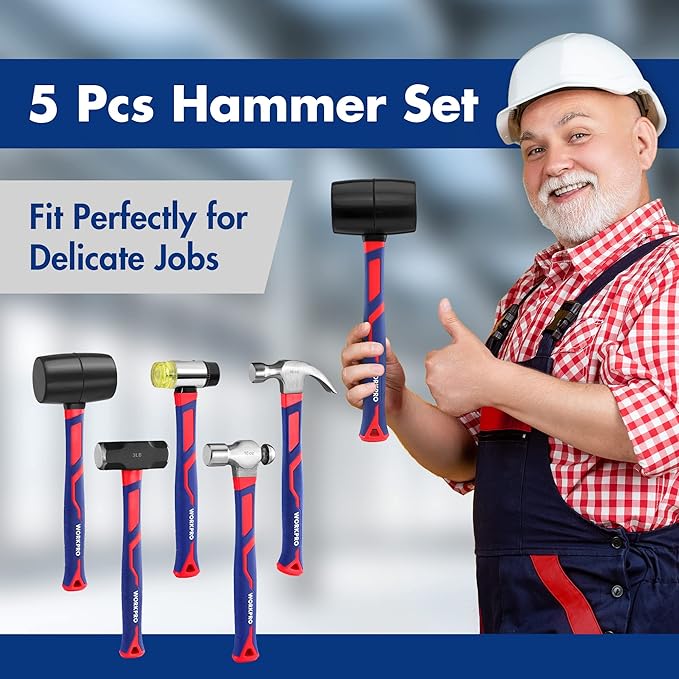 WORKPRO 5-Piece forge/Polish Steel Head, Fiberglass Handle Set - 32oz Rubber Mallet | 16oz Claw & Ball-Peen Hammers | 3lb Sledge | 22oz Double-Faced Mallet