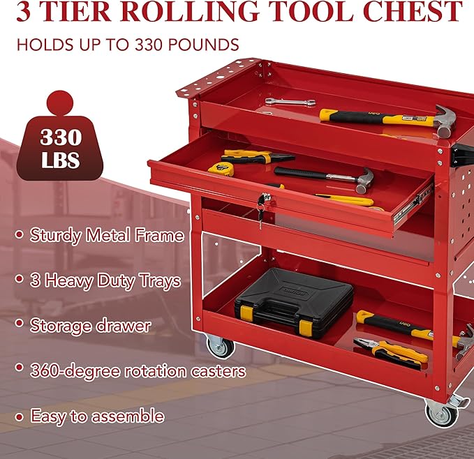 3 Tier Rolling Tool Cart with Wheels, Tool Box with Drawers Universal Chest Lockable Wheels, Utility Industrial Service Car Adjustable Shelf and Locking Mechanism, for Workshop, Repair Shop (Red)
